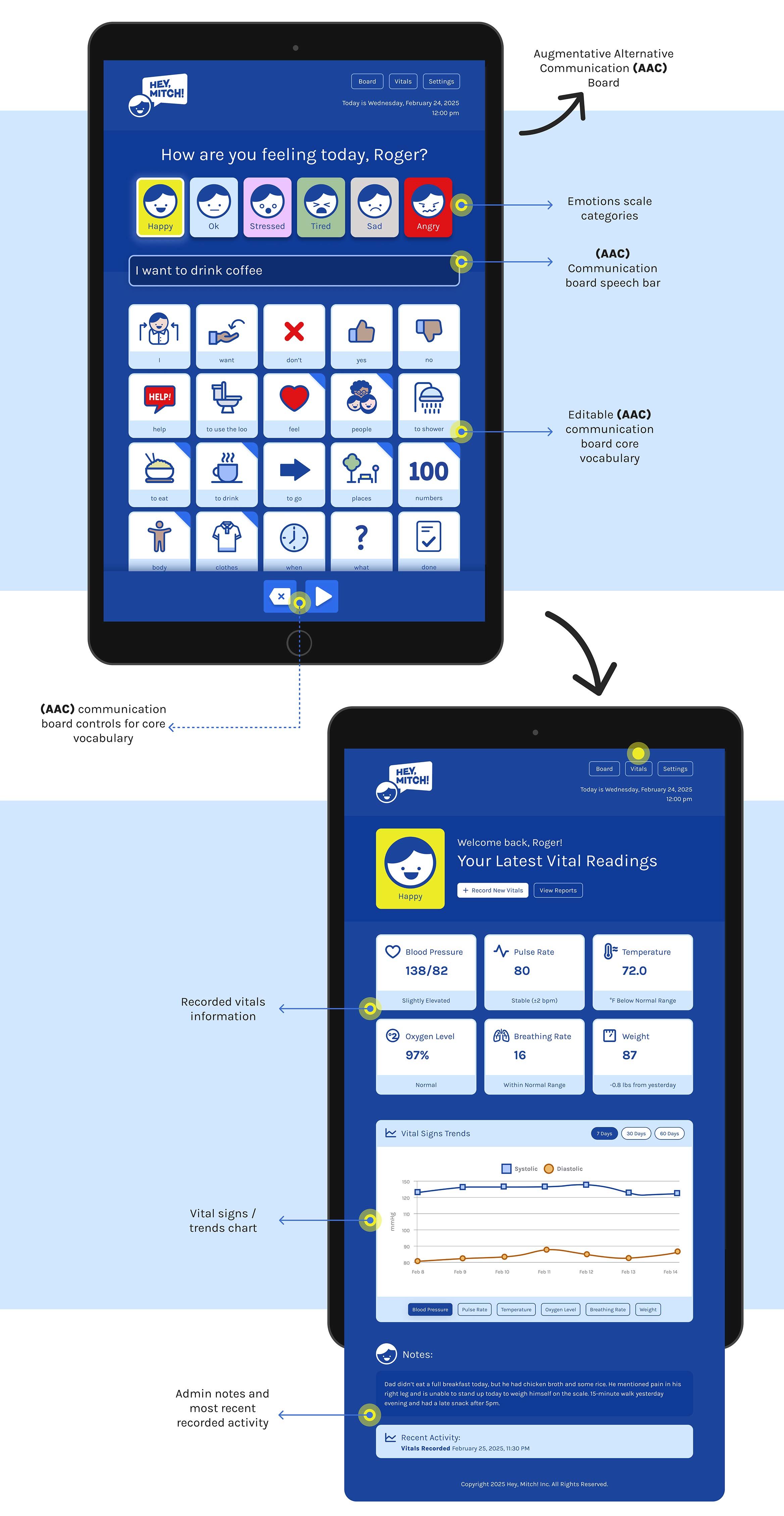 Hey, Mitch! Landing Screen and Vital Screen