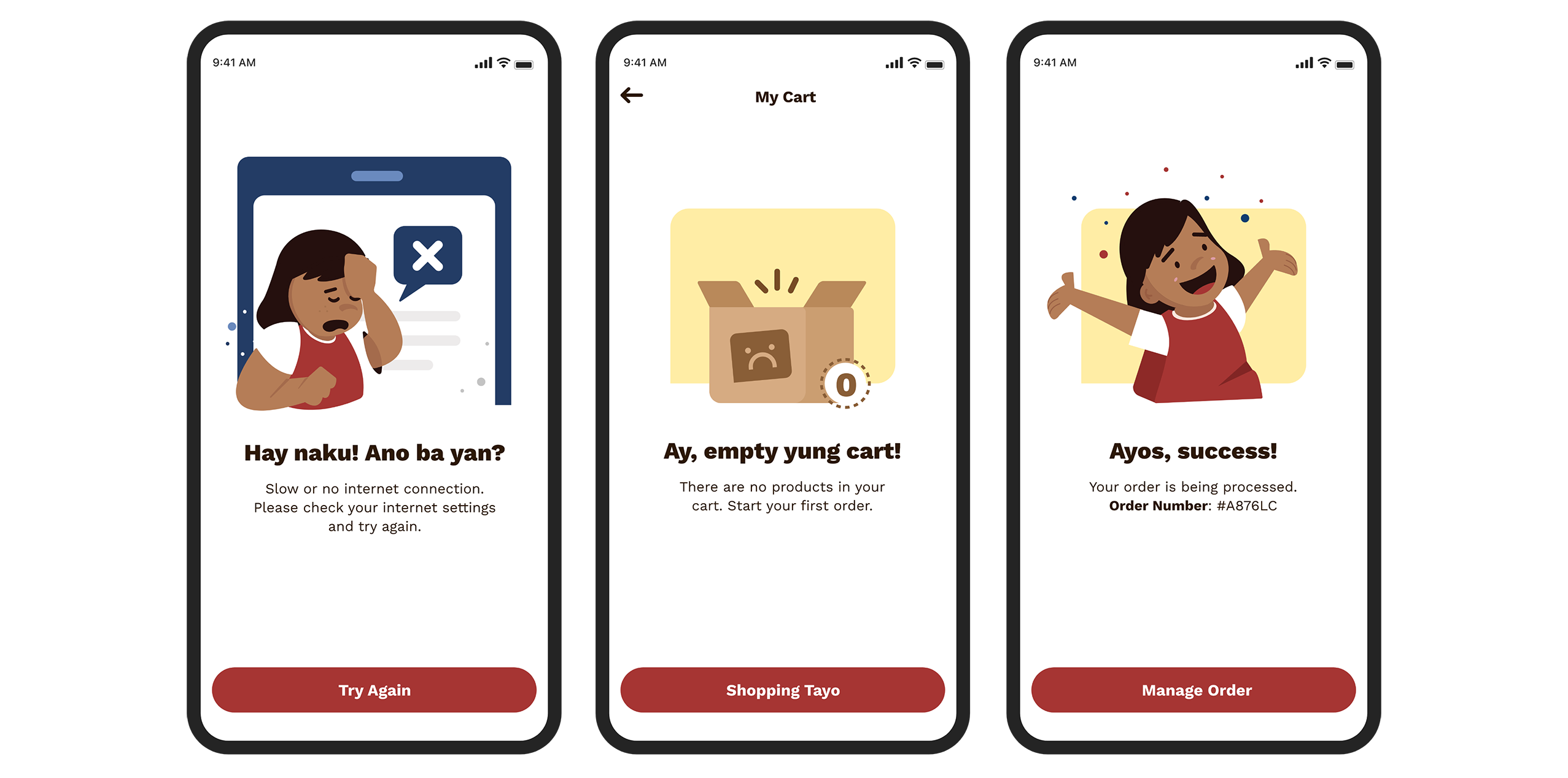 Three mobile screens showing illustrations of error messages