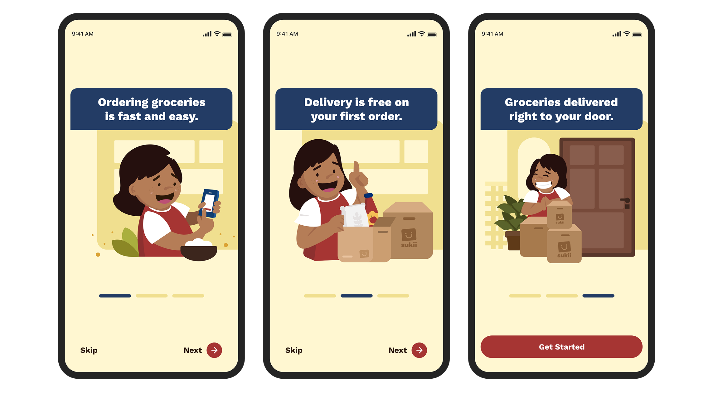Sukii onboarding screens with Sukii character ordering from an online grocery mobile app