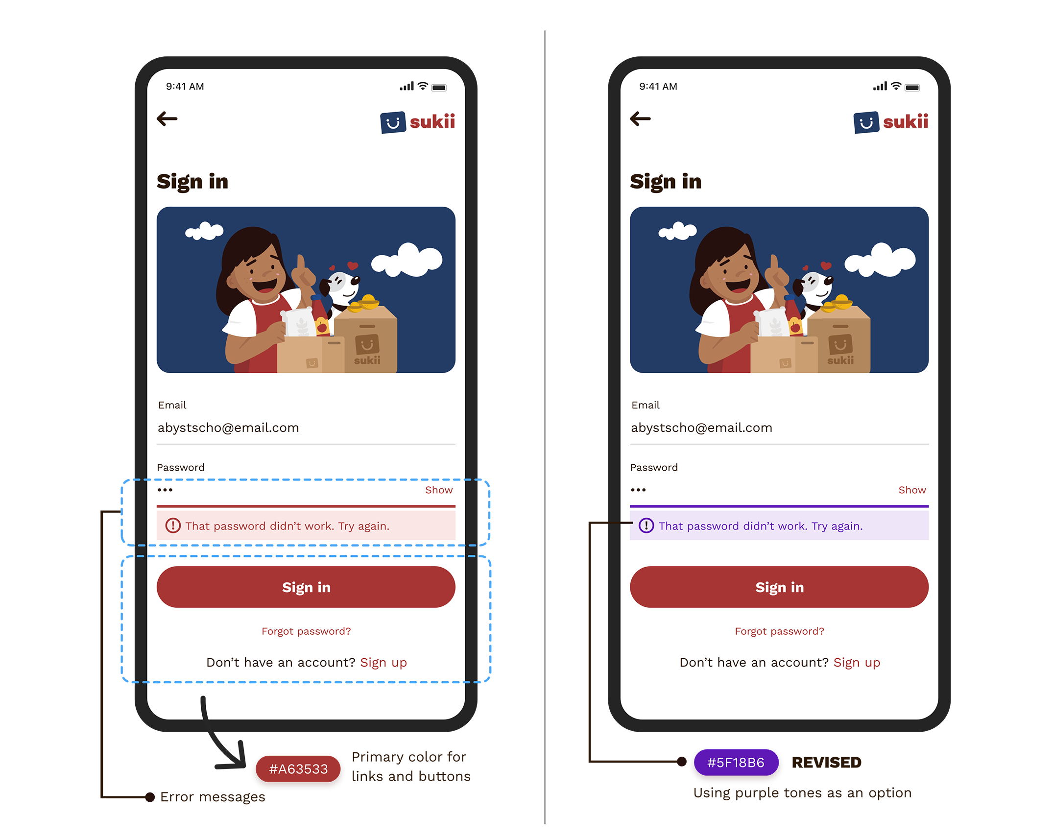 Sukii mobile screen showing error messages and primary red color usage and differences between both colors
