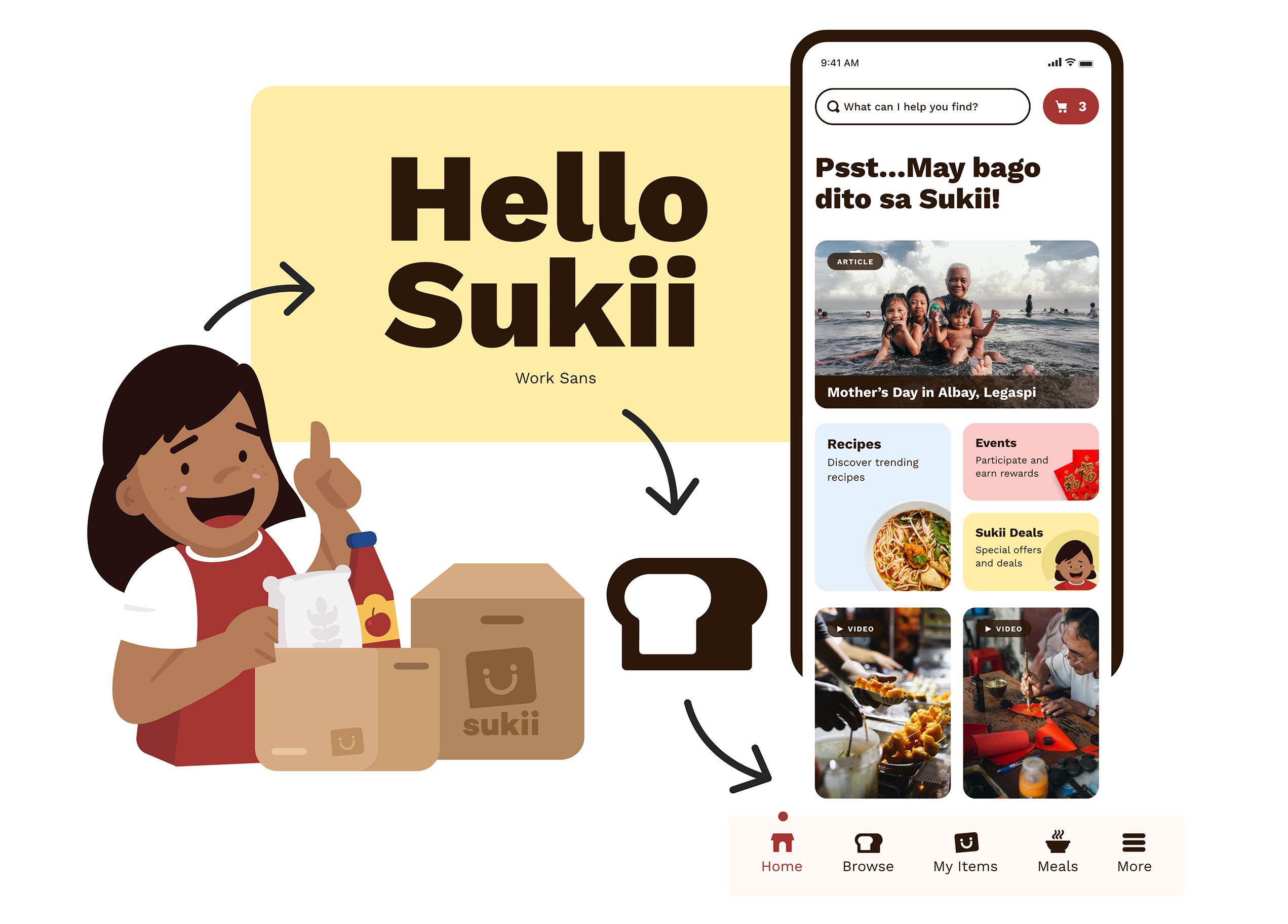 Sukii character design alongside mobile app interface showing consistent visual style