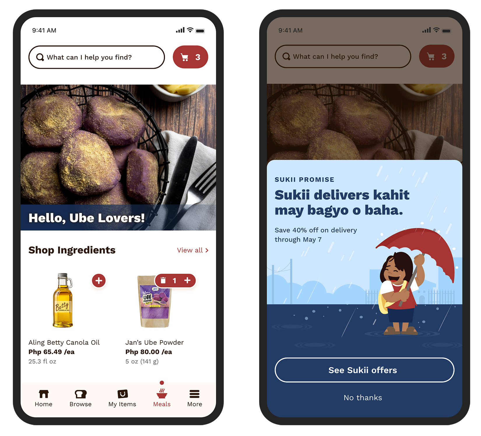 grocery app screens with toast notification